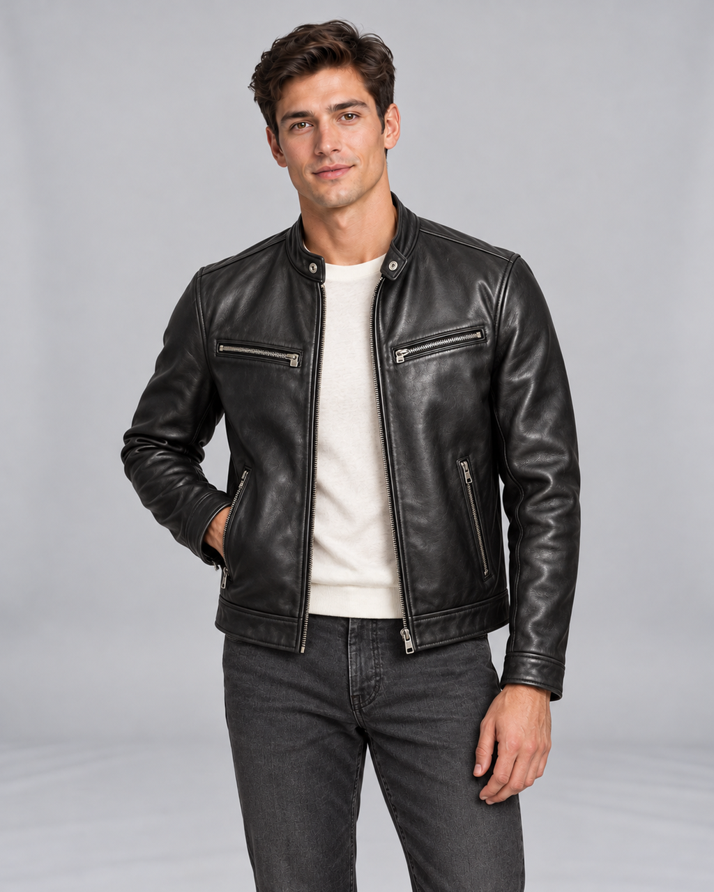 Men's Vintage Leather Jacket with Zip Pockets and Stand Collar – Biker Black front with right hand in pocket on Male Model B in Urban Devyne studio