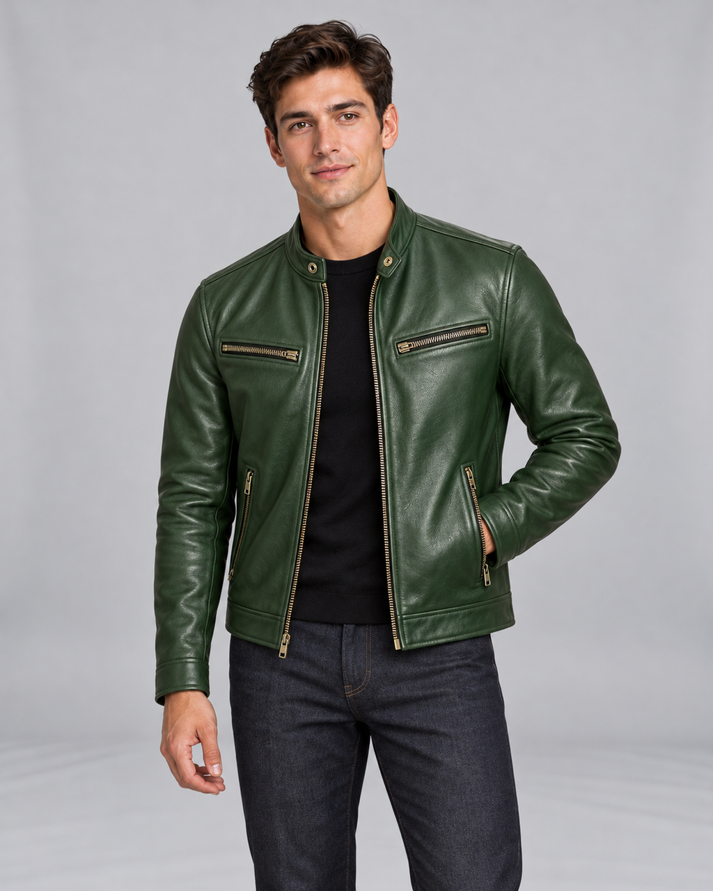 Men's Vintage Leather Jacket with Zip Pockets and Stand Collar – Pine Green front with left hand in pocket on Male Model B in Urban Devyne studio