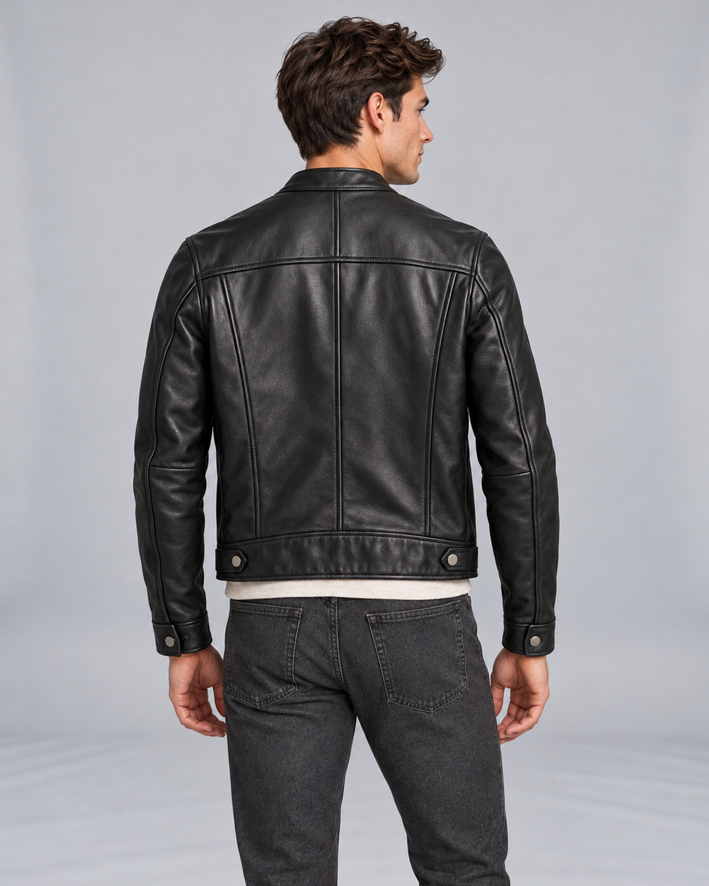 Men's Vintage Leather Jacket with Zip Pockets and Stand Collar – Biker Black rear construction on Male Model B in Urban Devyne studio