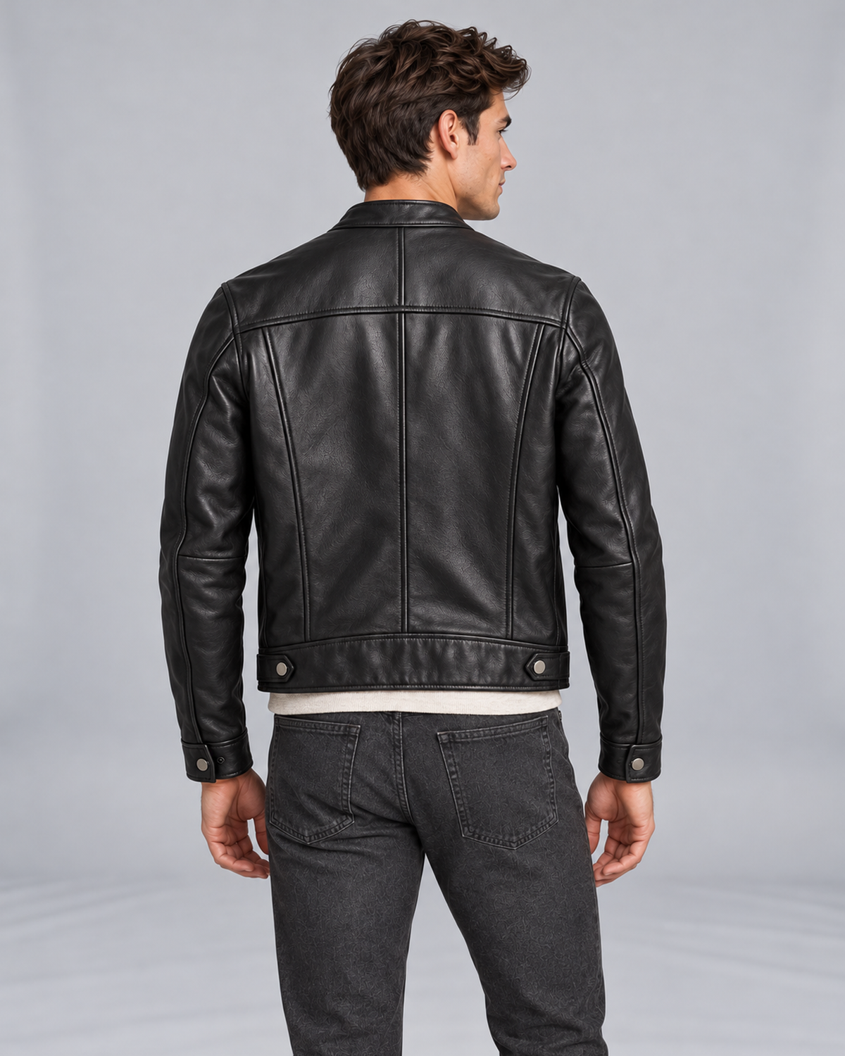 Men's Vintage Leather Jacket with Zip Pockets and Stand Collar – Biker Black rear construction on Male Model B in Urban Devyne studio