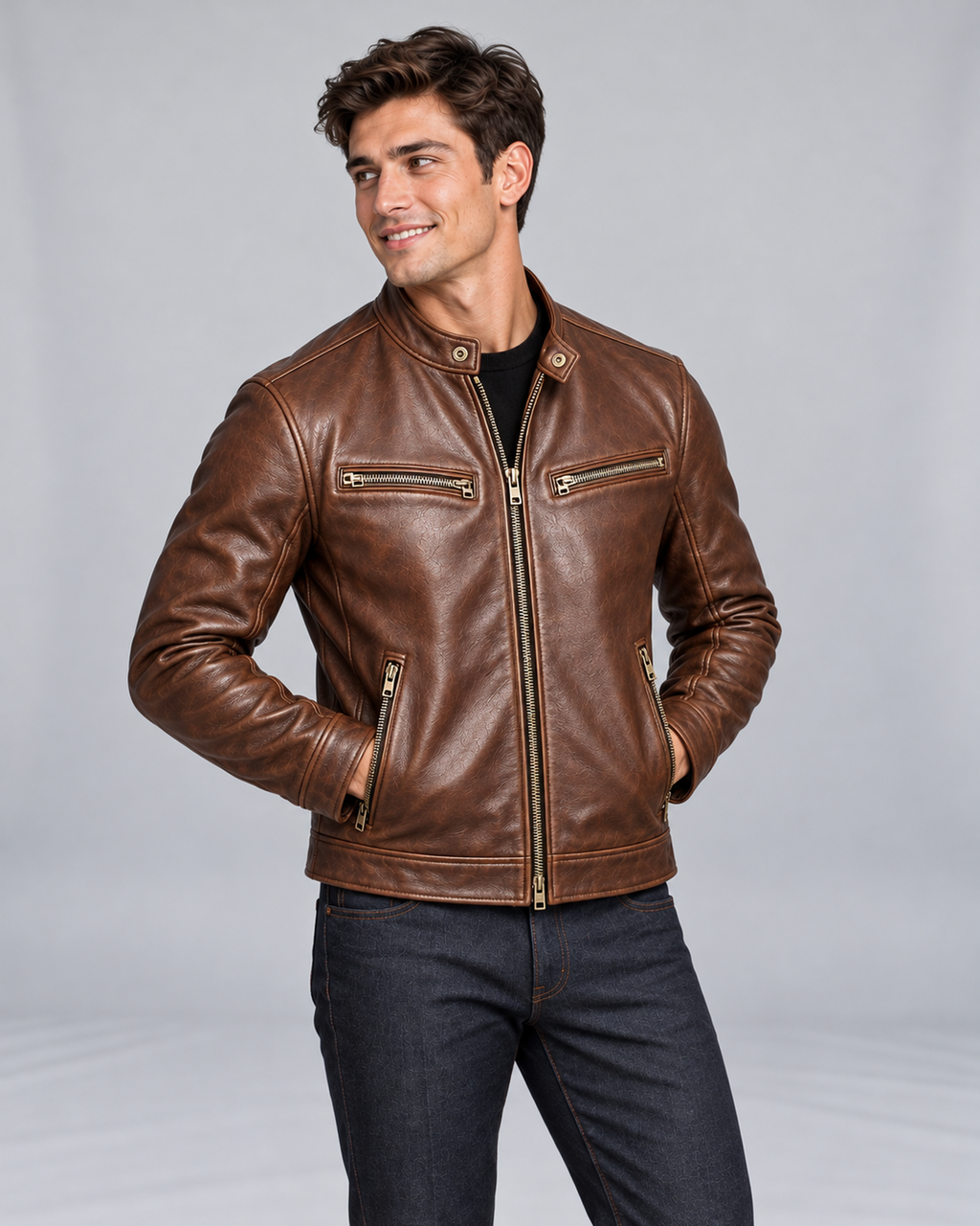 Men's Vintage Leather Jacket with Zip Pockets and Stand Collar – Cigar Brown zipped angled pocket pose on Male Model B in Urban Devyne studio