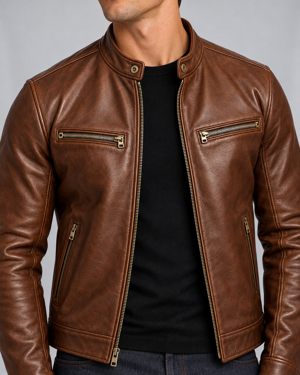 Men's Vintage Leather Jacket with Zip Pockets and Stand Collar – Cigar Brown collar and zip-pocket detail on Male Model B in Urban Devyne studio