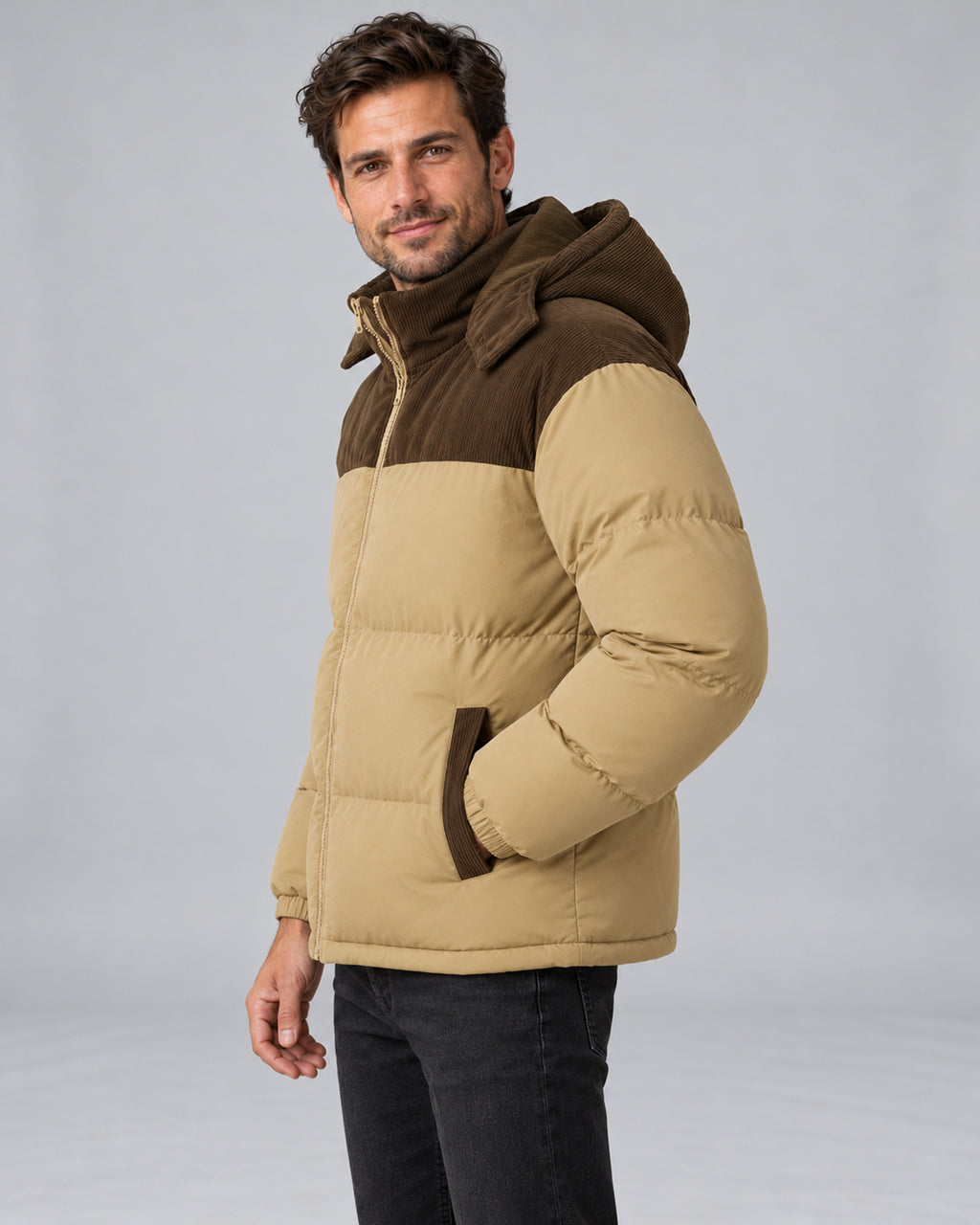 Men's hooded corduroy puffer jacket in khaki angle, studio view