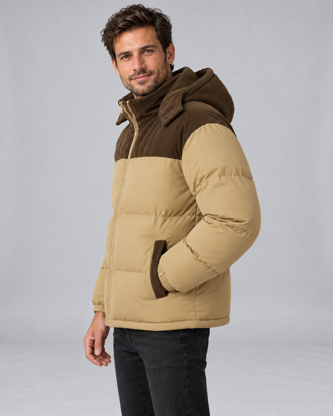 Men's hooded corduroy puffer jacket in khaki angle, studio view