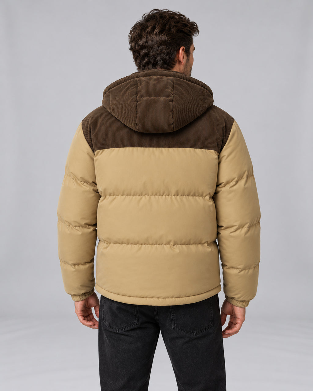 Men's hooded corduroy puffer jacket in khaki back, studio view