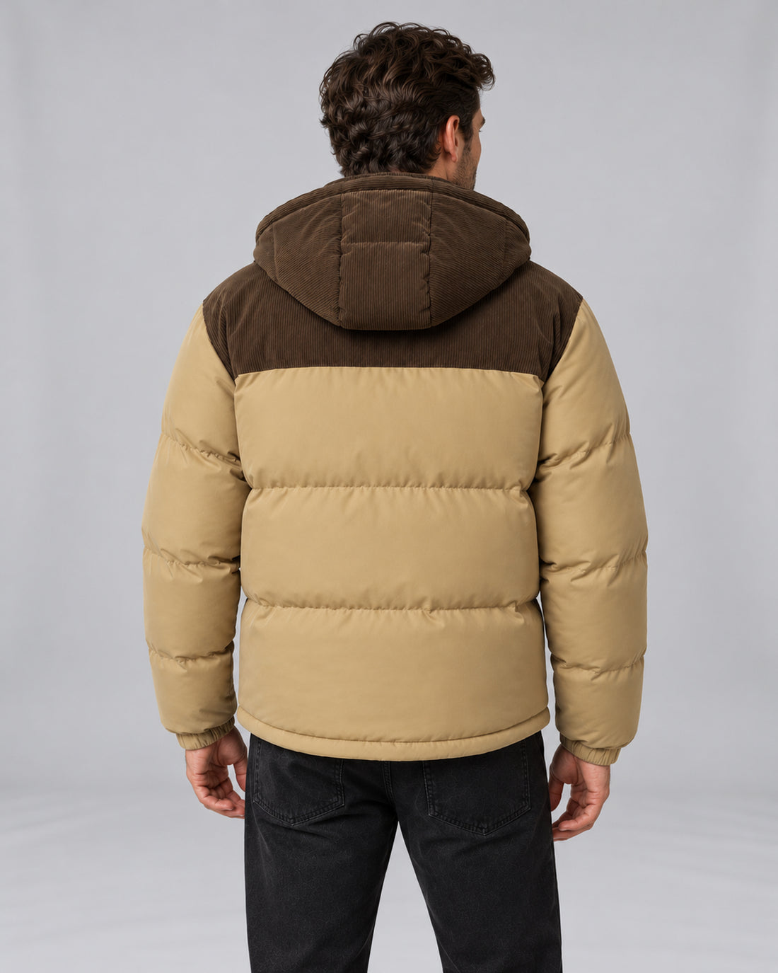 Men's hooded corduroy puffer jacket in khaki back, studio view