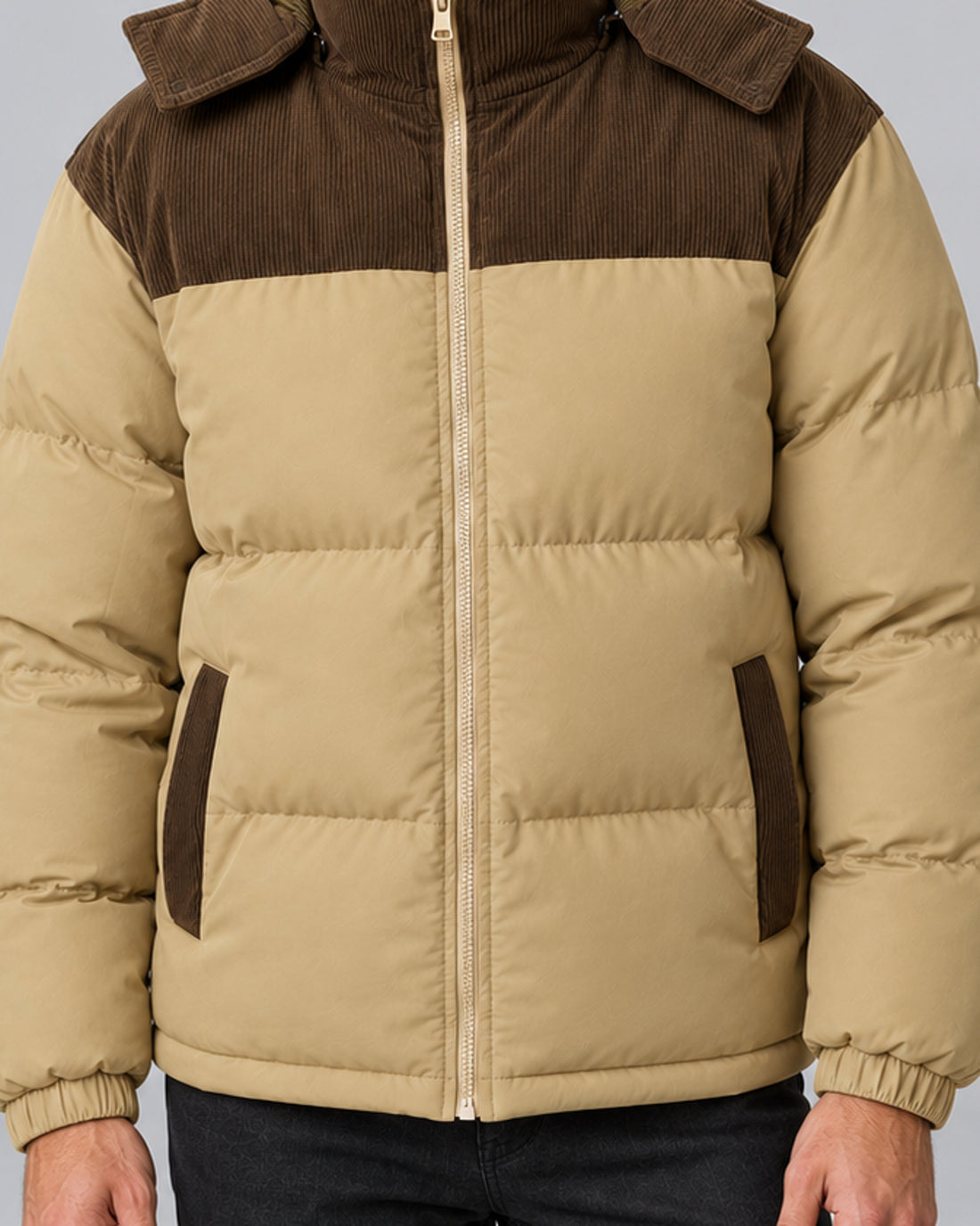 Men's hooded corduroy puffer jacket in khaki detail, studio view