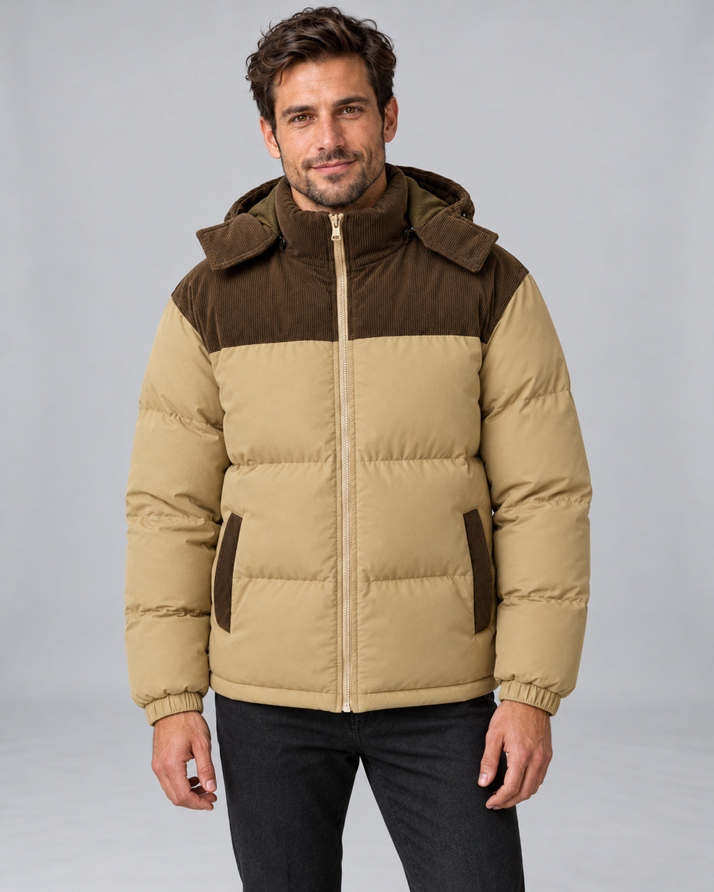 Men's hooded corduroy puffer jacket in khaki front, studio view