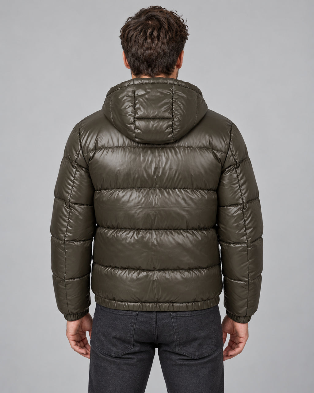 Men's army green hooded quilted puffer jacket rear view