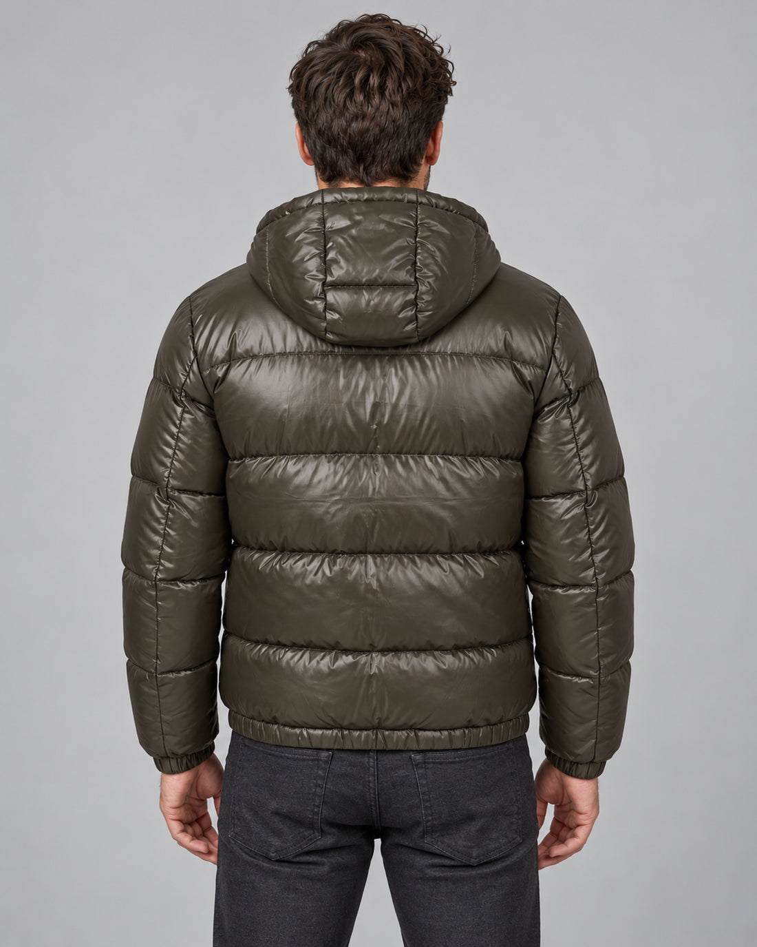 Men's army green hooded quilted puffer jacket rear view