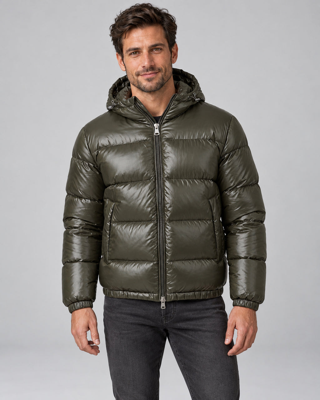 Men's hooded quilted puffer jacket army green front