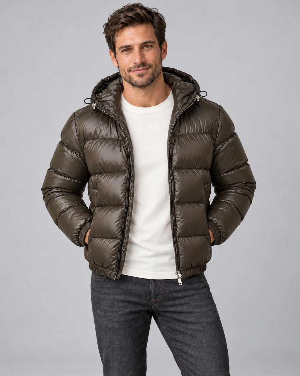 Men's army green hooded quilted puffer jacket open front with both hands in jacket pockets