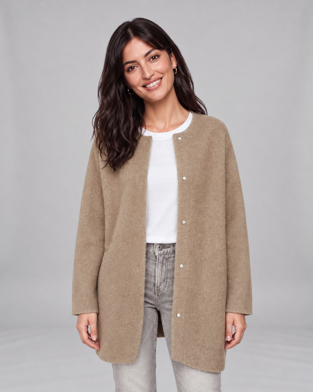 Khaki-brown women's longline cashmere cardigan, front view on Jasmine, grey studio
