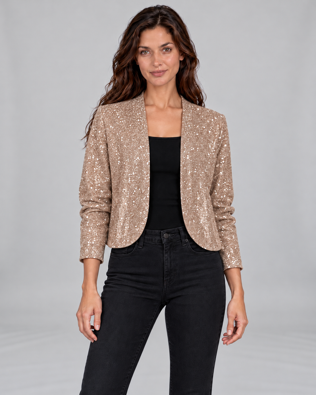 Women's Glitter Sequin Cardigan Jacket with Open Front – Beige, front view