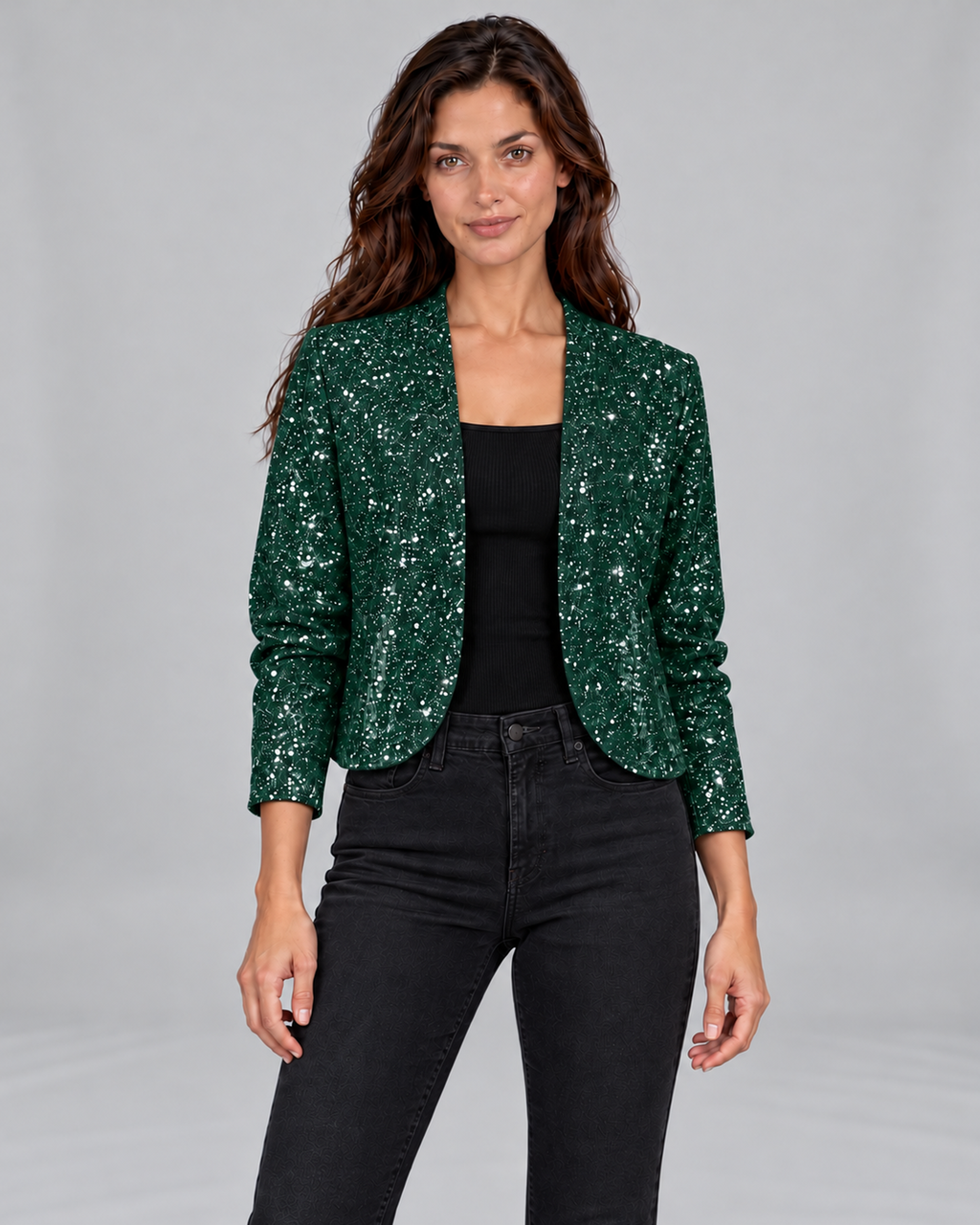 Women's Glitter Sequin Cardigan Jacket with Open Front – Green, front view