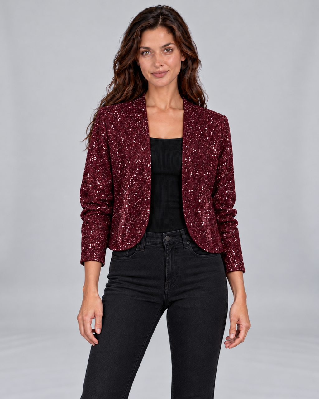 Women's Glitter Sequin Cardigan Jacket with Open Front – Burgundy, front view