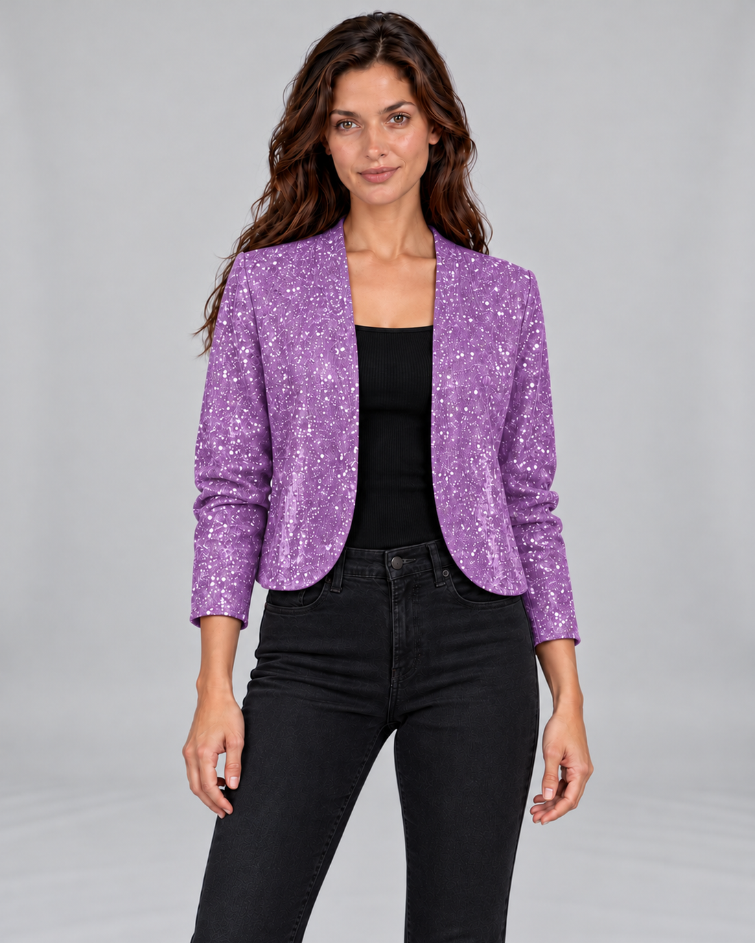 Women's Glitter Sequin Cardigan Jacket with Open Front – Purple, front view