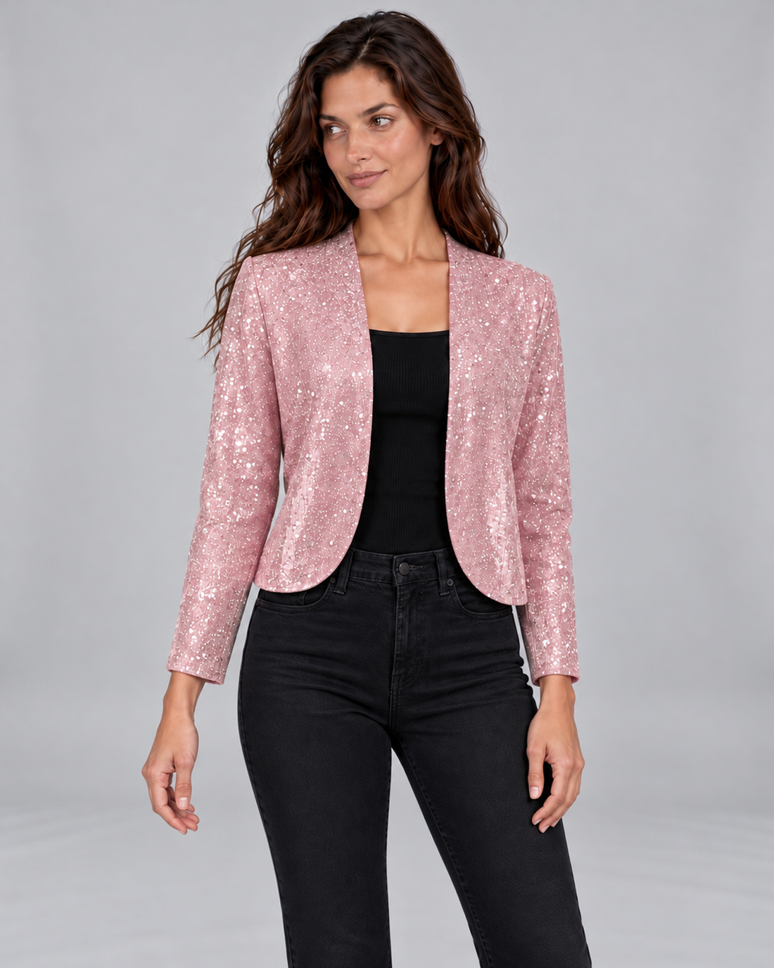 Women's Glitter Sequin Cardigan Jacket with Open Front – Pink, front view