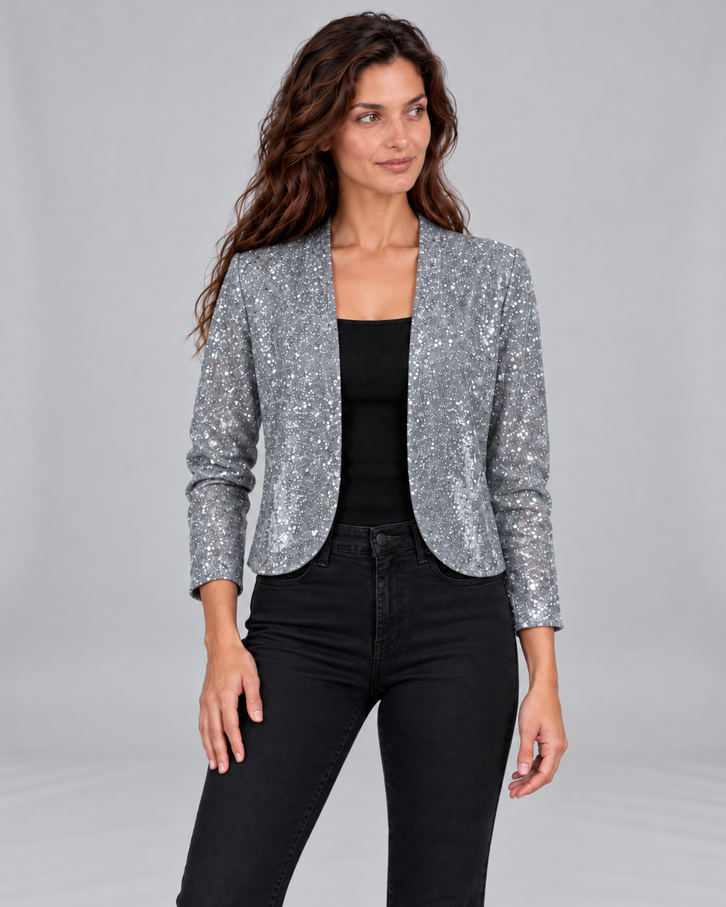 Women's Glitter Sequin Cardigan Jacket with Open Front – Gray, front view
