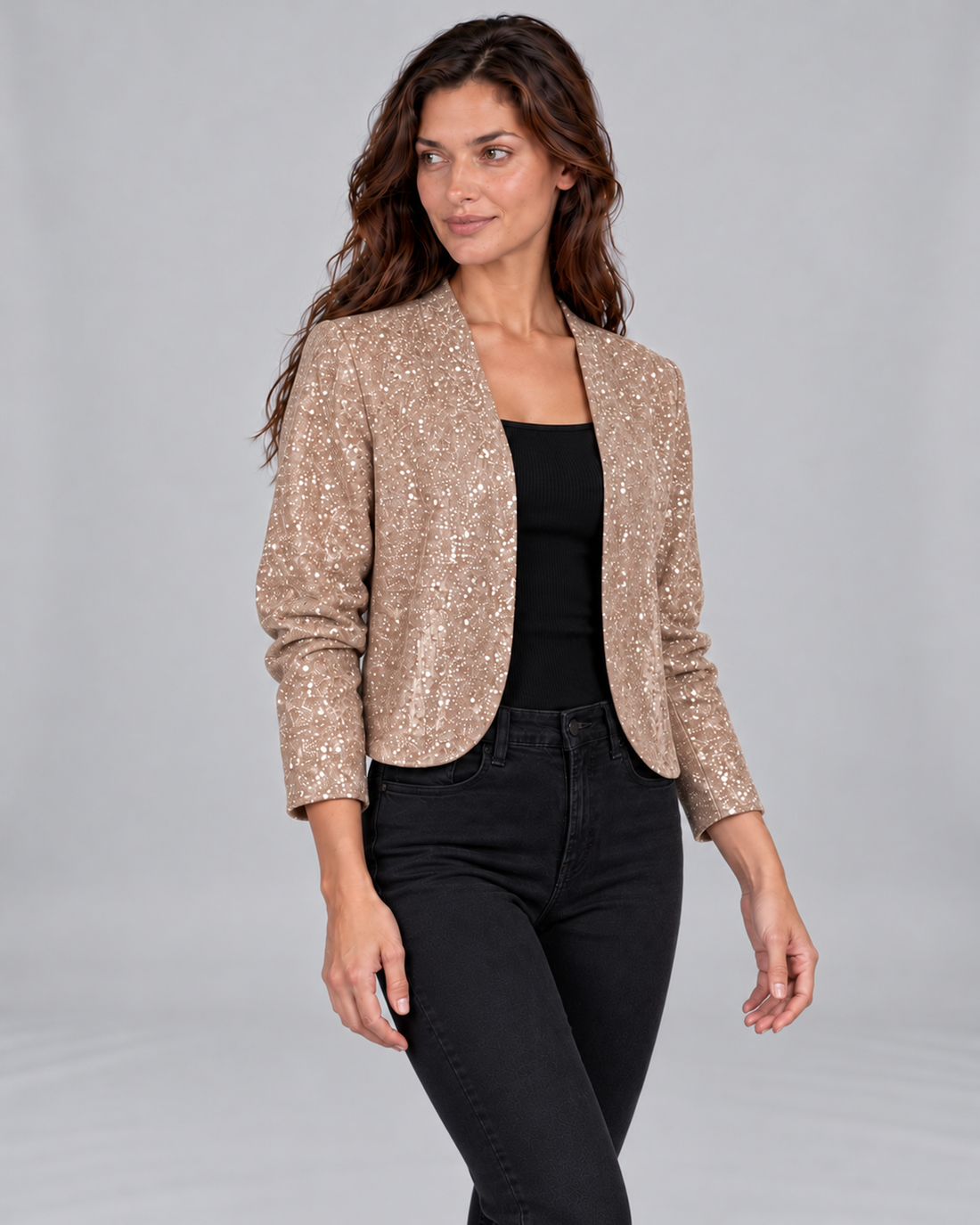 Women's Glitter Sequin Cardigan Jacket with Open Front – Beige, front angle view