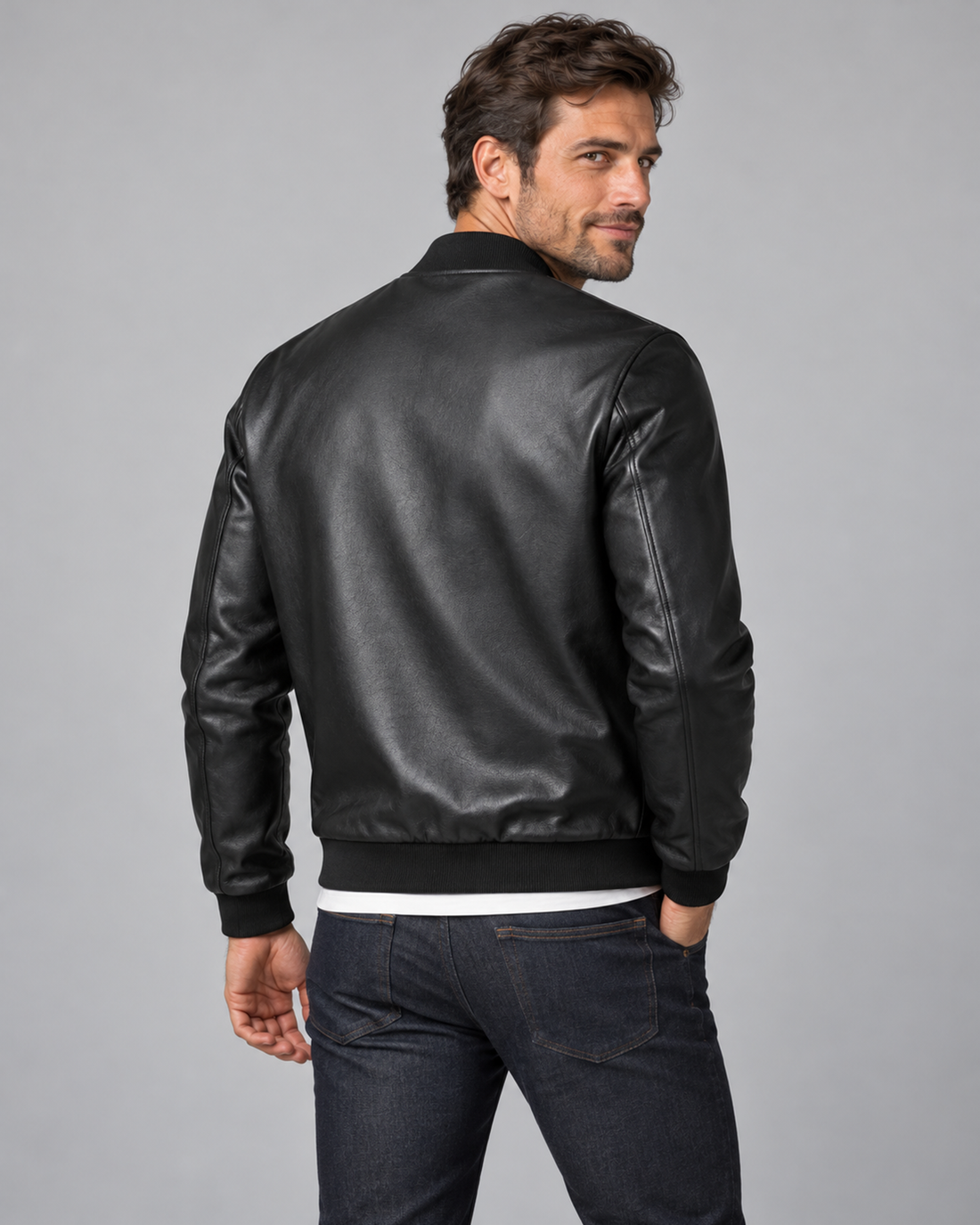 Men's Leather Bomber Jacket with Ribbed Trim and Zip Pockets, black back, Male Model A studio photograph