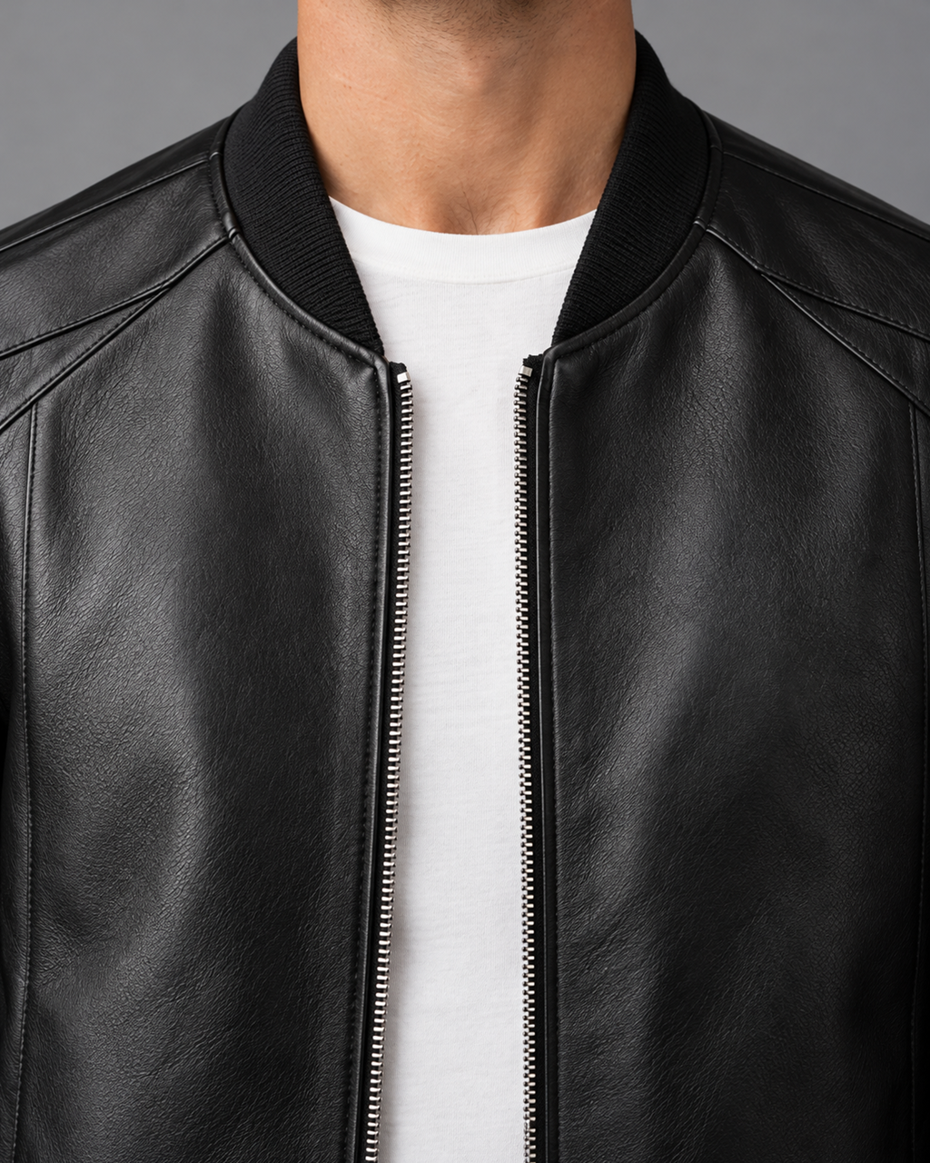 Men's Leather Bomber Jacket, Black, dedicated close-up of ribbed collar, upper zip and shoulder seams