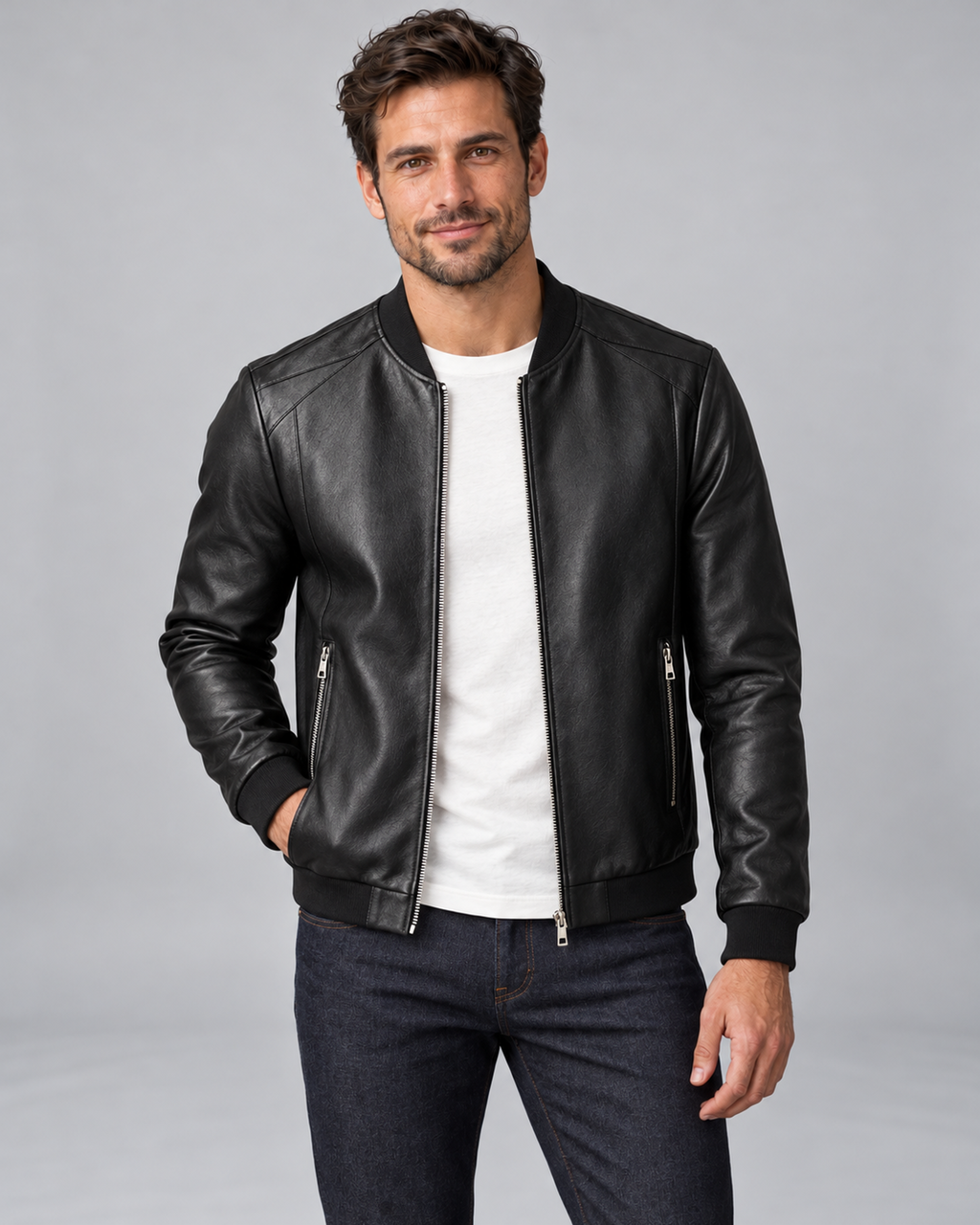 Men's Leather Bomber Jacket with Ribbed Trim and Zip Pockets, black hero, Male Model A studio photograph