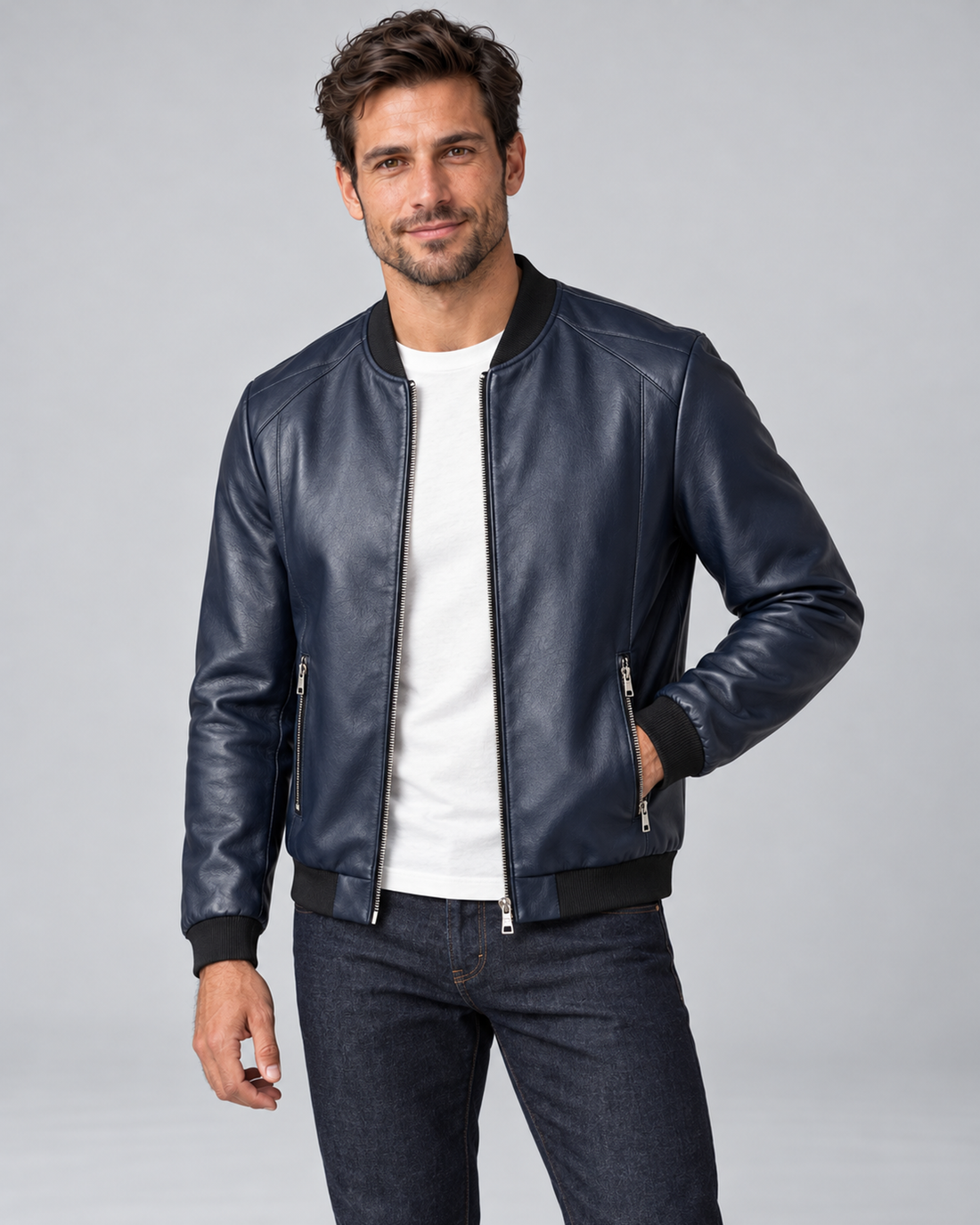 Men's Leather Bomber Jacket with Ribbed Trim and Zip Pockets, blue hero, Male Model A studio photograph