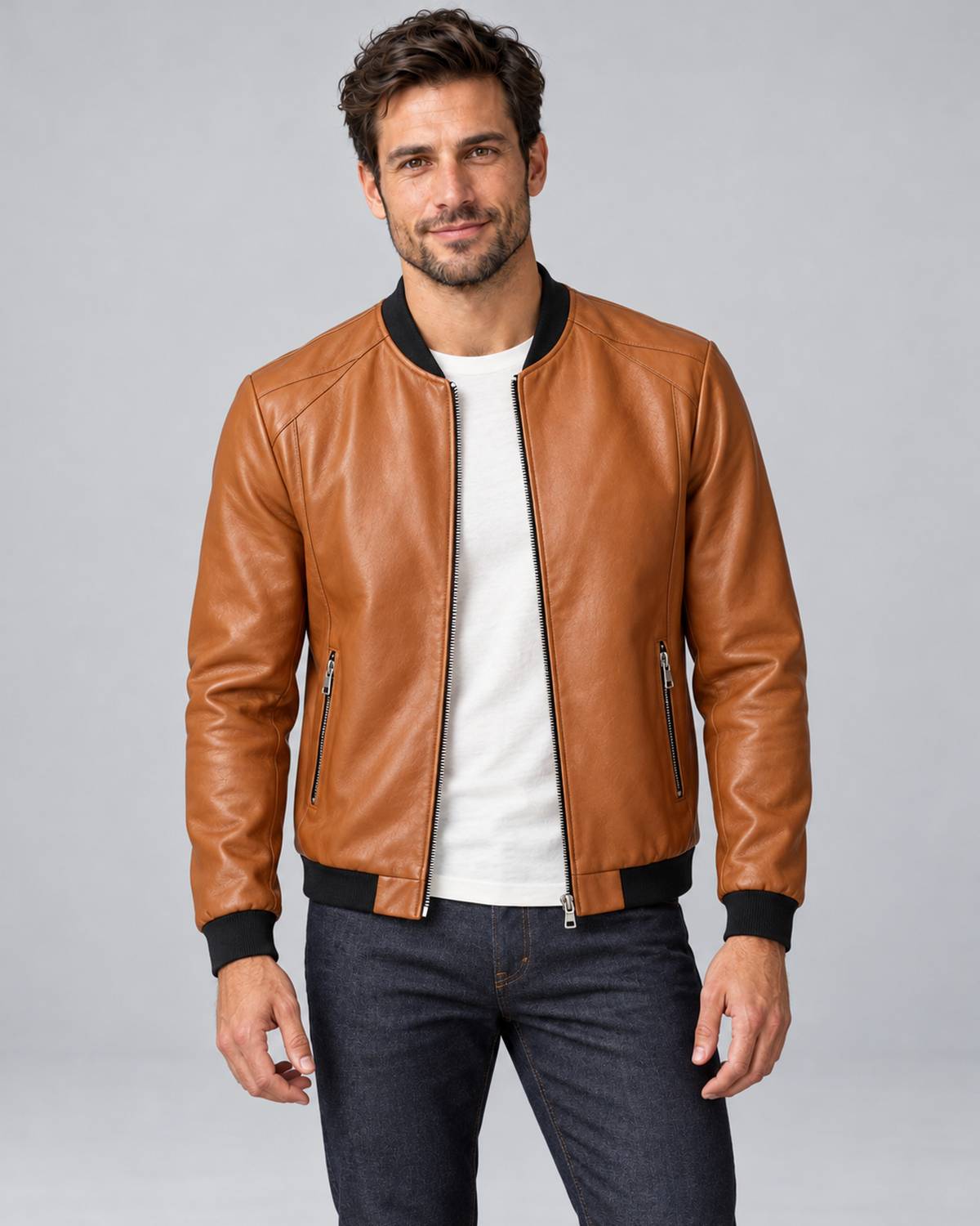 Men's Leather Bomber Jacket with Ribbed Trim and Zip Pockets, brown hero, Male Model A studio photograph