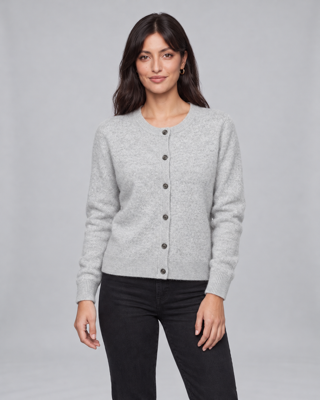 Women's Cashmere Cardigan with Button Front and Ribbed Trim – Light Gray, front view