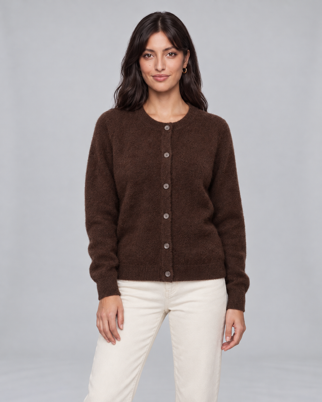 Women's Cashmere Cardigan with Button Front and Ribbed Trim – Brown, front view