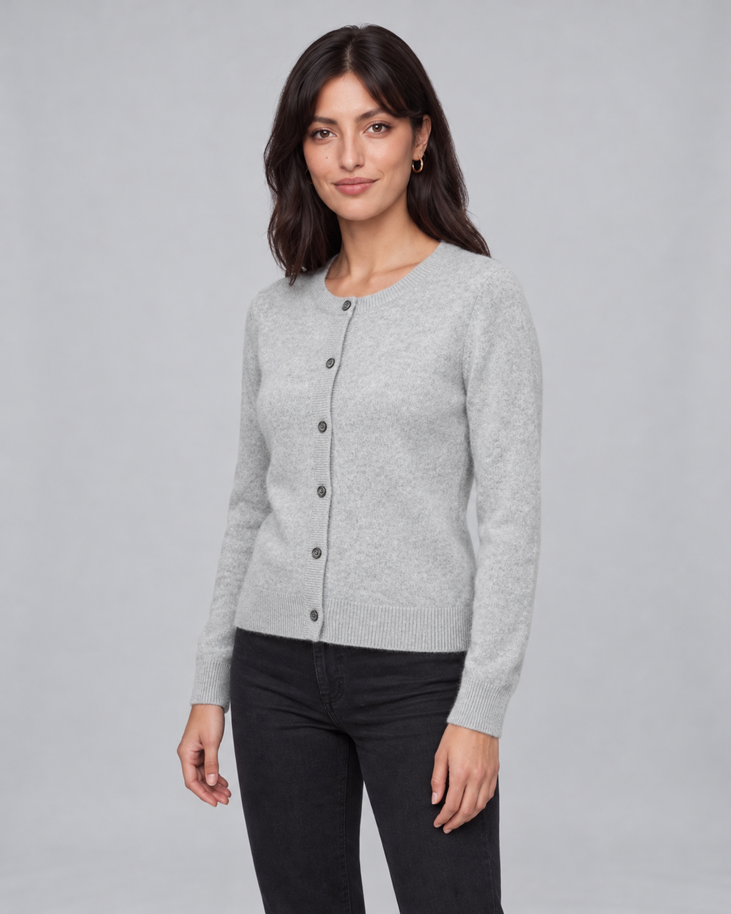 Women's Cashmere Cardigan with Button Front and Ribbed Trim – Light Gray, front angle view