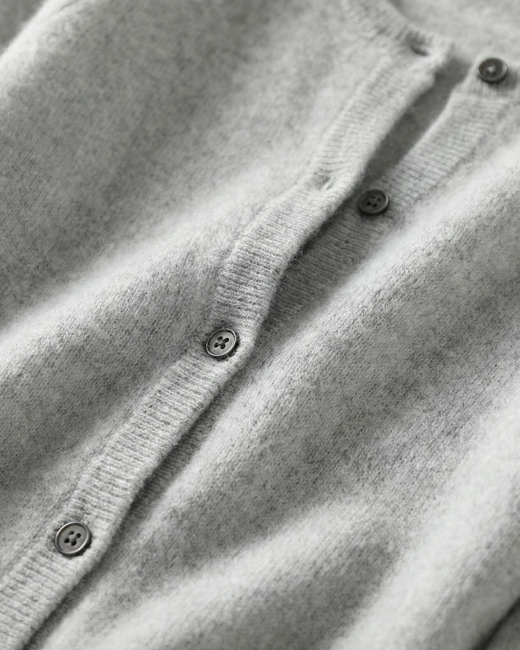 Women's Cashmere Cardigan with Button Front and Ribbed Trim – Light Gray, original knit and button detail