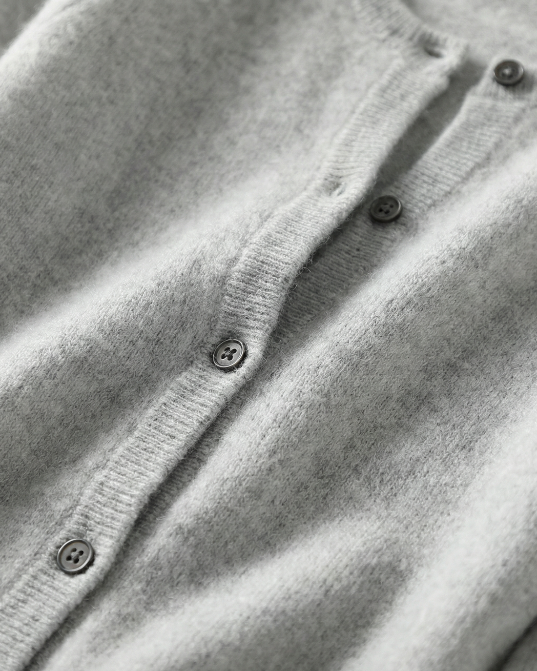 Women's Cashmere Cardigan with Button Front and Ribbed Trim – Light Gray, original knit and button detail