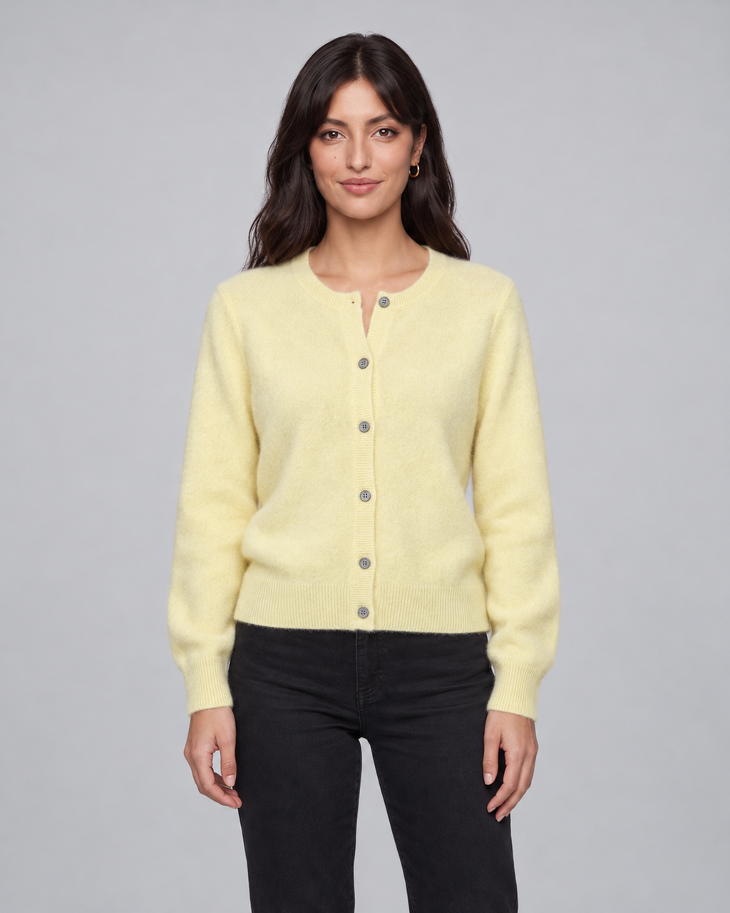 Women's Cashmere Cardigan with Button Front and Ribbed Trim – Yellow, front view
