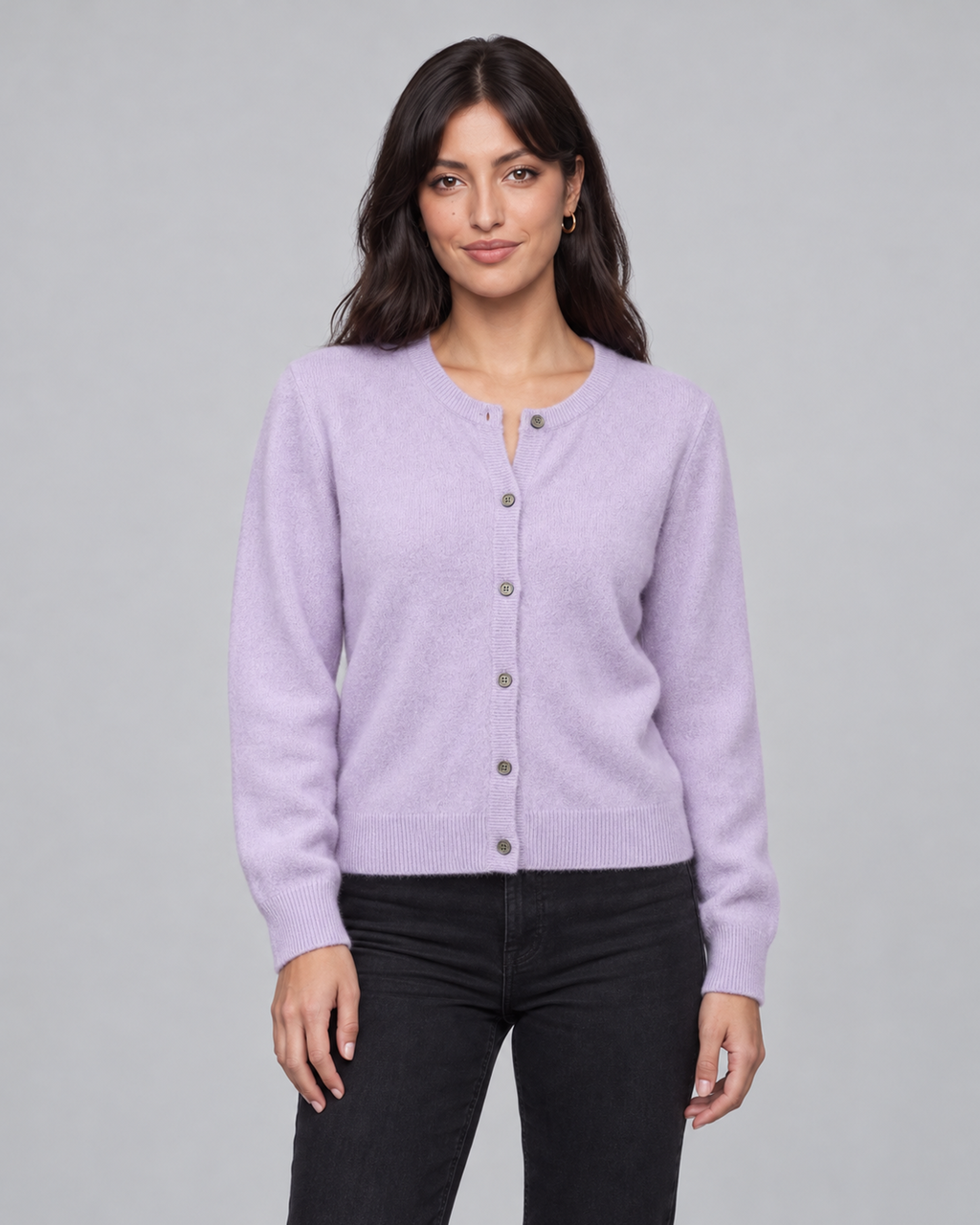 Women's Cashmere Cardigan with Button Front and Ribbed Trim – Purple, front view