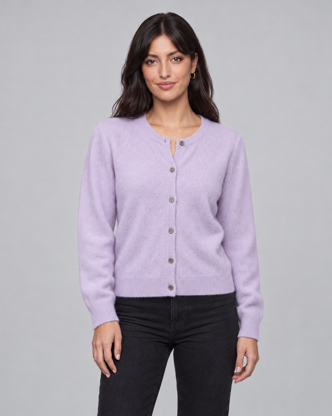 Women's Cashmere Cardigan with Button Front and Ribbed Trim – Purple, front view