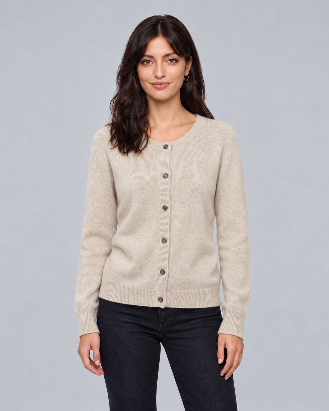Women's Cashmere Cardigan with Button Front and Ribbed Trim – Beige, front view