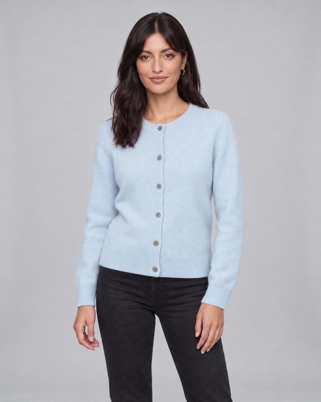Women's Cashmere Cardigan with Button Front and Ribbed Trim – Baby Blue, front view