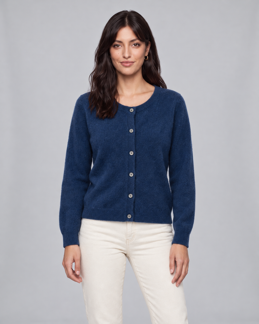Women's Cashmere Cardigan with Button Front and Ribbed Trim – Navy Blue, front view