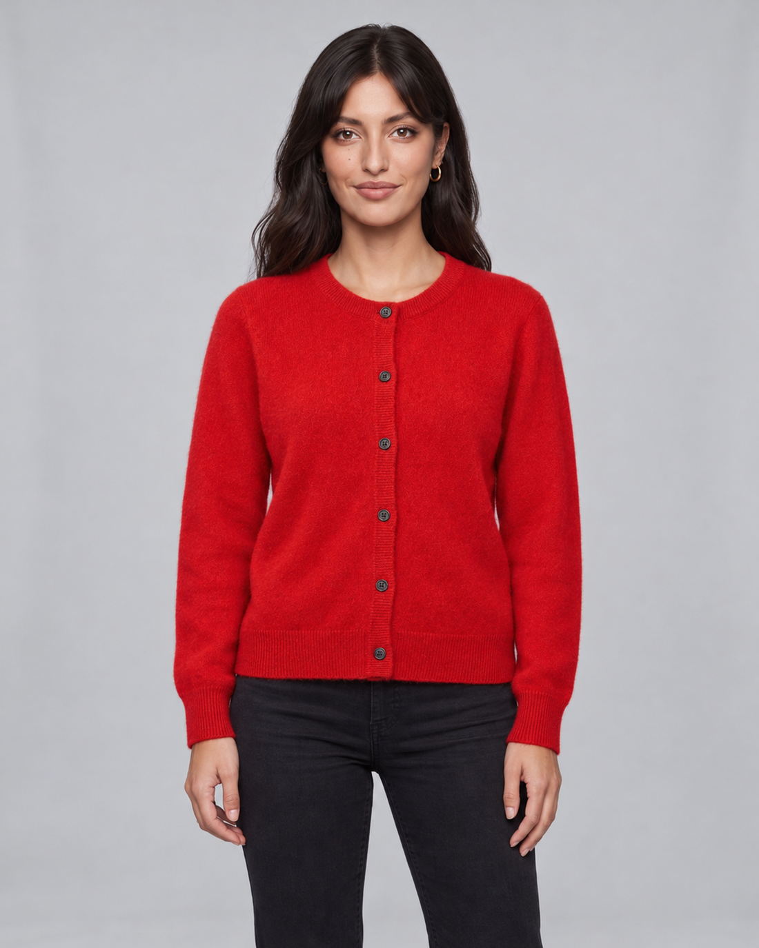 Women's Cashmere Cardigan with Button Front and Ribbed Trim – Red, front view
