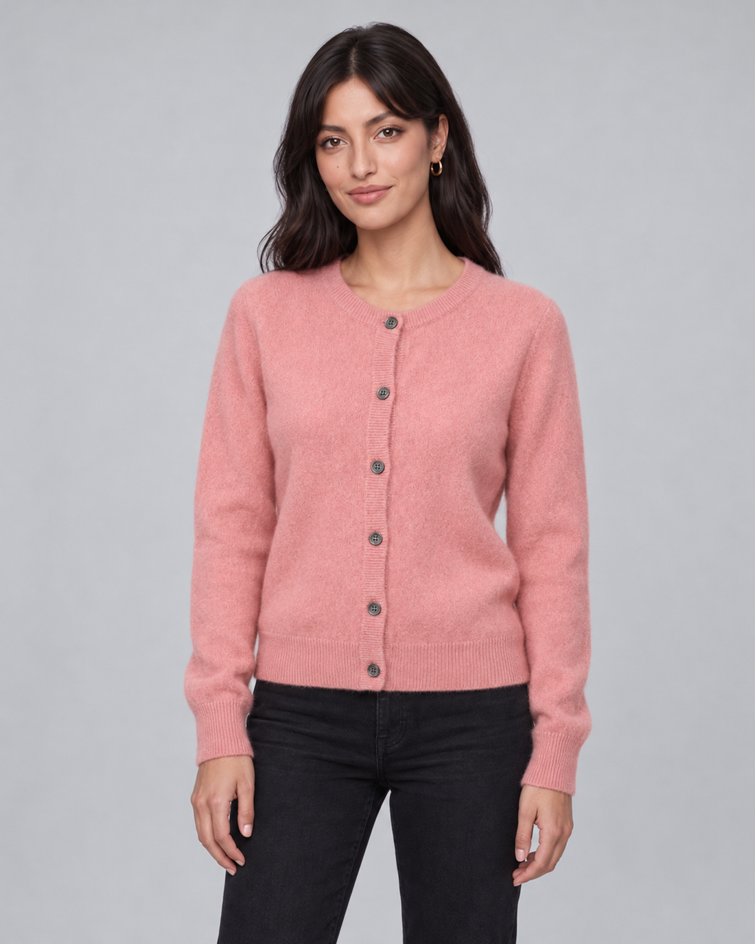 Women's Cashmere Cardigan with Button Front and Ribbed Trim – Pink, front view