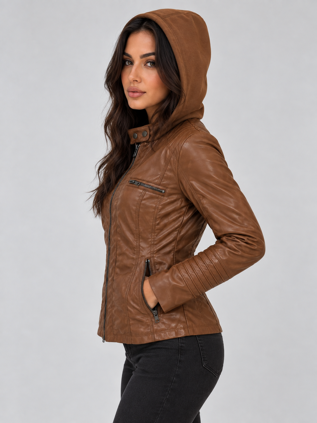 Woman wearing brown fitted leather biker jacket with hood and zipper details, paired with black pants