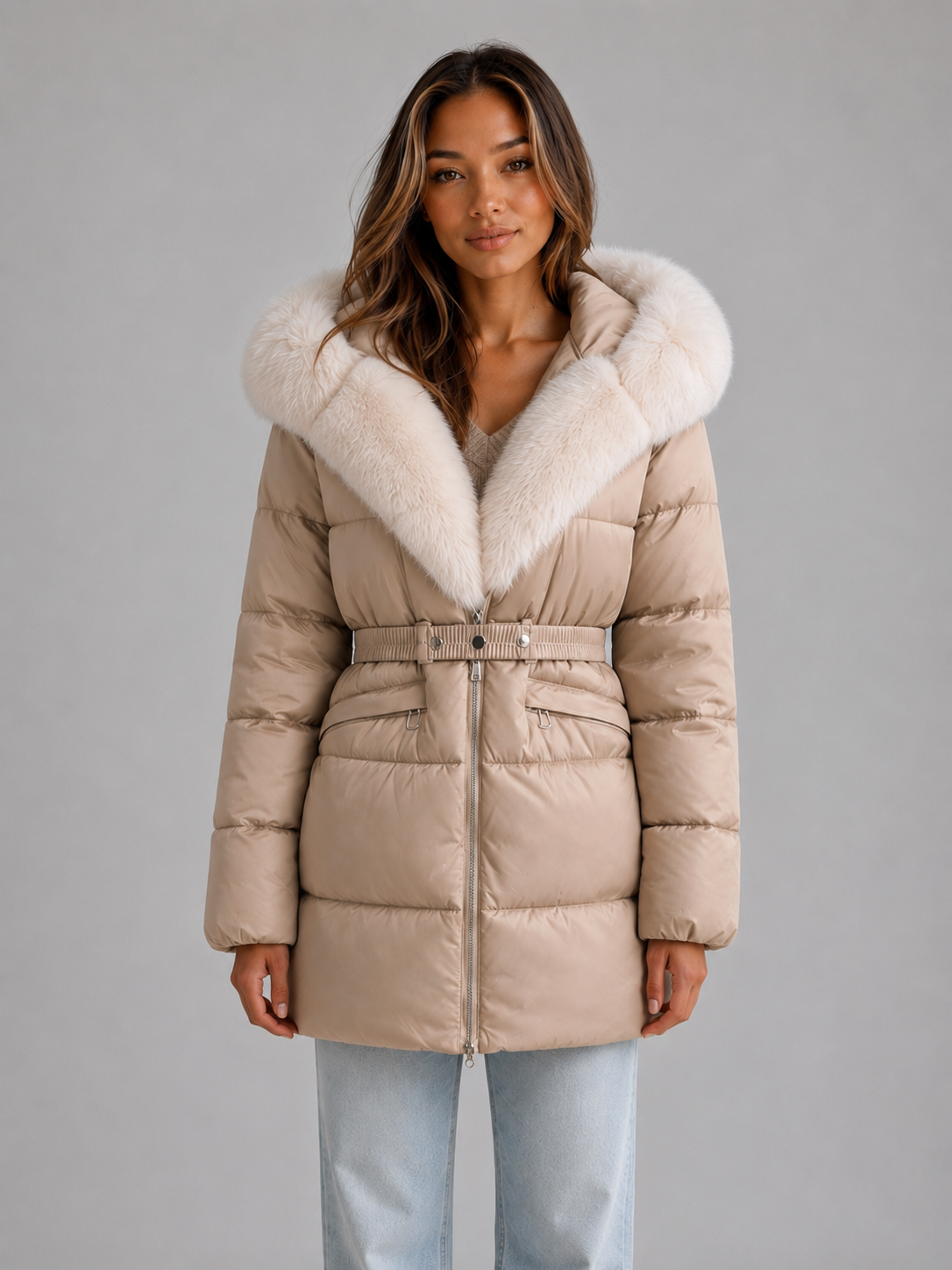 Woman wearing beige belted puffer coat with white faux fur collar and hood, styled with light blue jeans