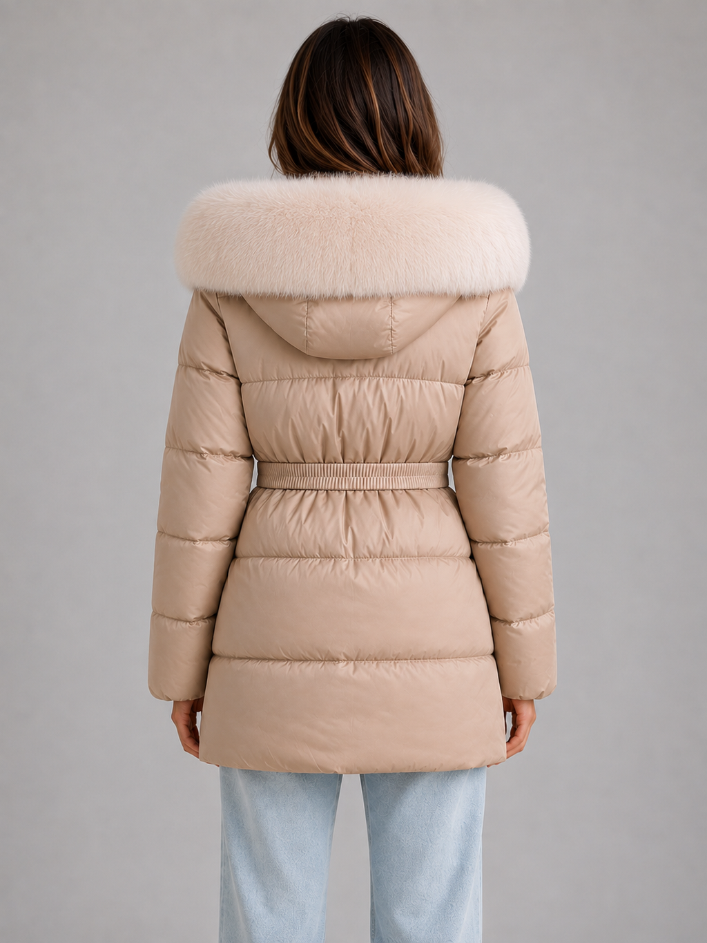 Woman wearing beige belted puffer jacket with white faux fur trim hood and hooded neckline, shown from back view wearing light blue jeans