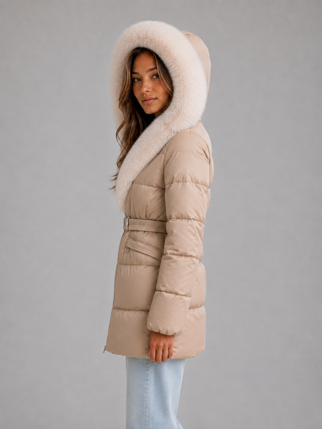 Woman wearing beige belted puffer coat with white faux fur hood trim and light blue jeans against gray background