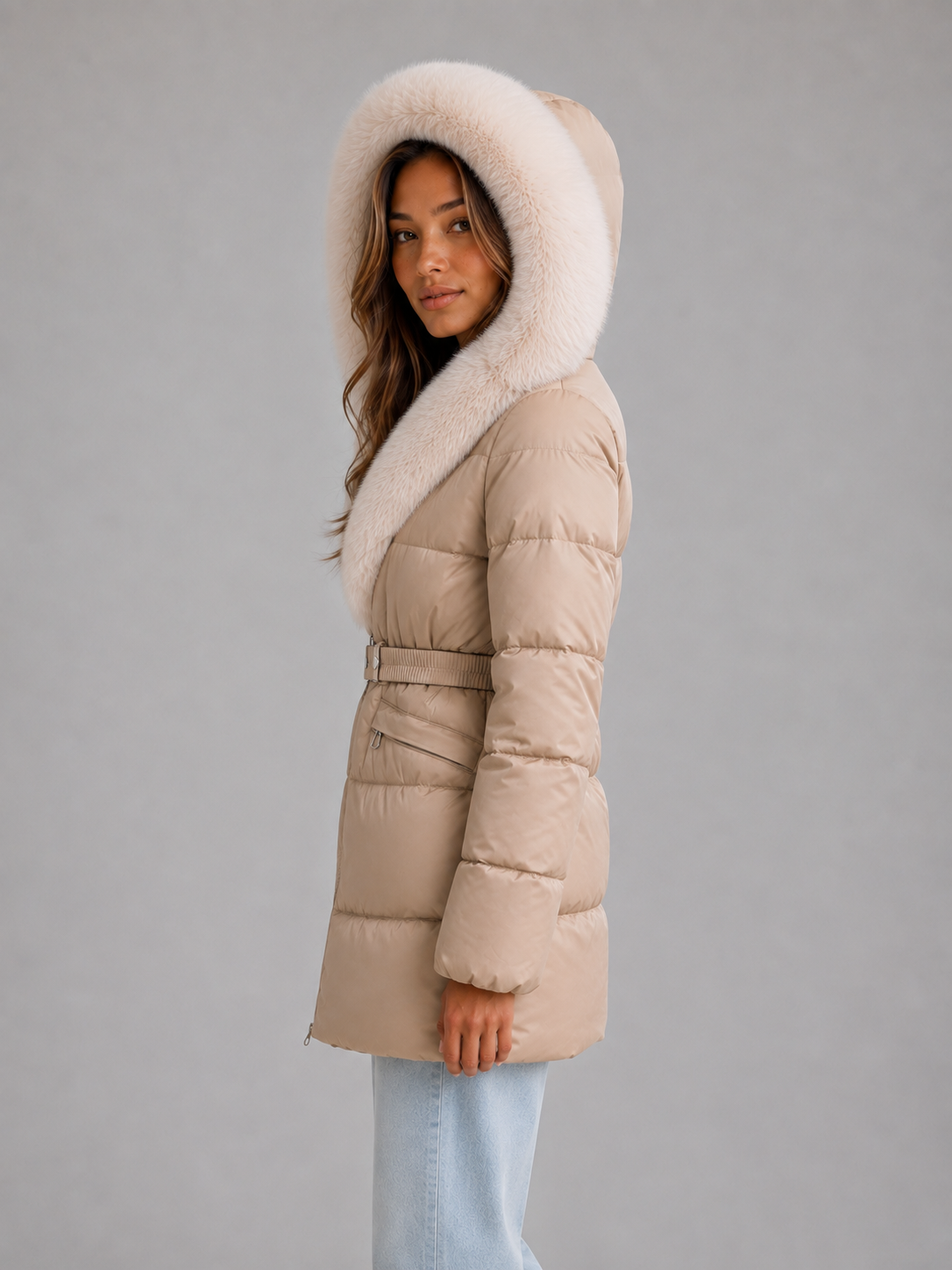 Woman wearing beige belted puffer coat with white faux fur hood trim and light blue jeans against gray background