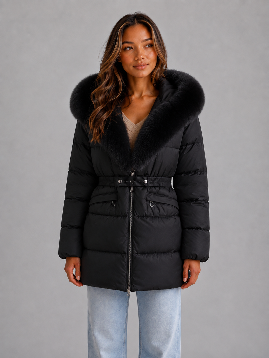Woman wearing black belted puffer jacket with faux fur trim hood and v-neckline, styled with light blue jeans
