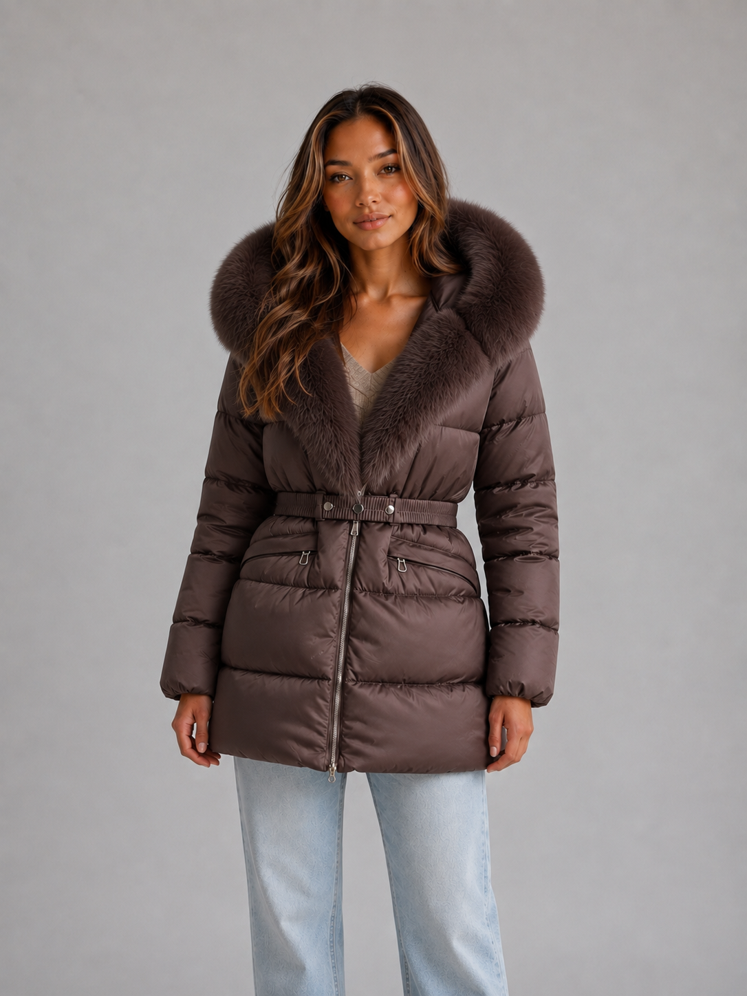 Woman wearing brown belted puffer coat with faux fur trim hood and light blue jeans against gray background