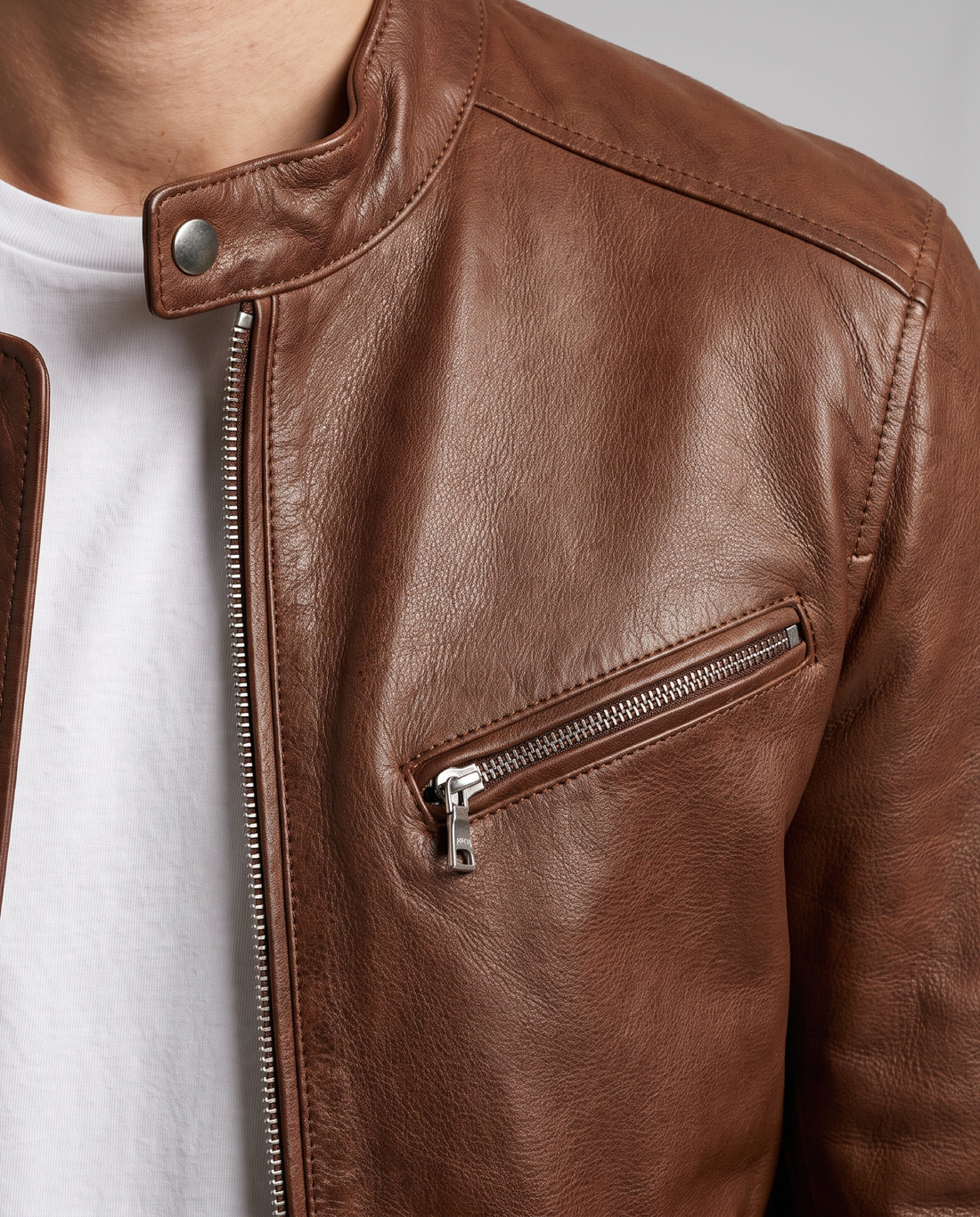 Close-up of the Garrett jacket in Cigar Brown: stand collar snap, front zip and slanted chest zip pocket